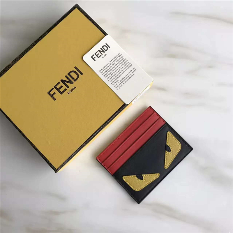 FENDI 芬迪 0166 升級版小怪獸眼睛柔軟平紋皮卡片夾 紅黑拼色黃眼
