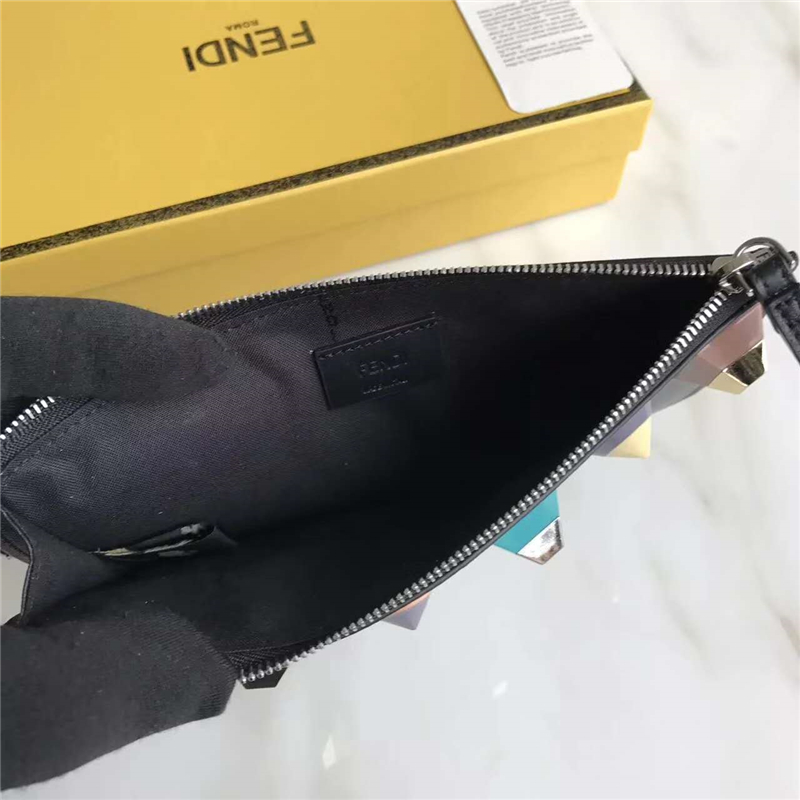 FENDI 芬迪 1512 2017新款小牛皮鉚釘裝飾纖薄拉鏈零錢包 黑色