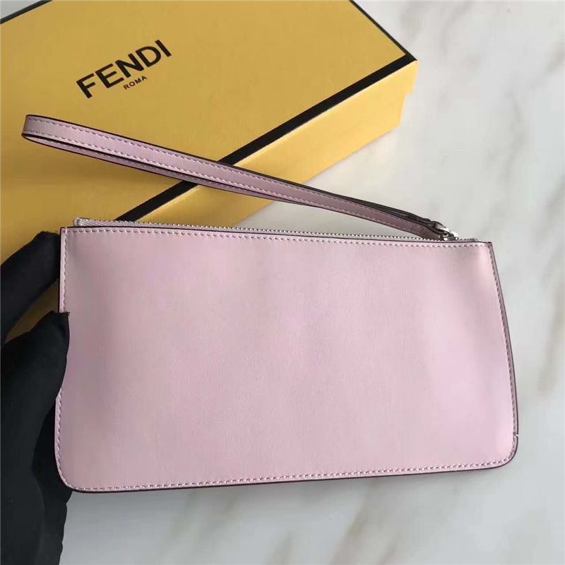FENDI 芬迪 1512 2017新款小牛皮鉚釘裝飾纖薄拉鏈零錢包 櫻花粉