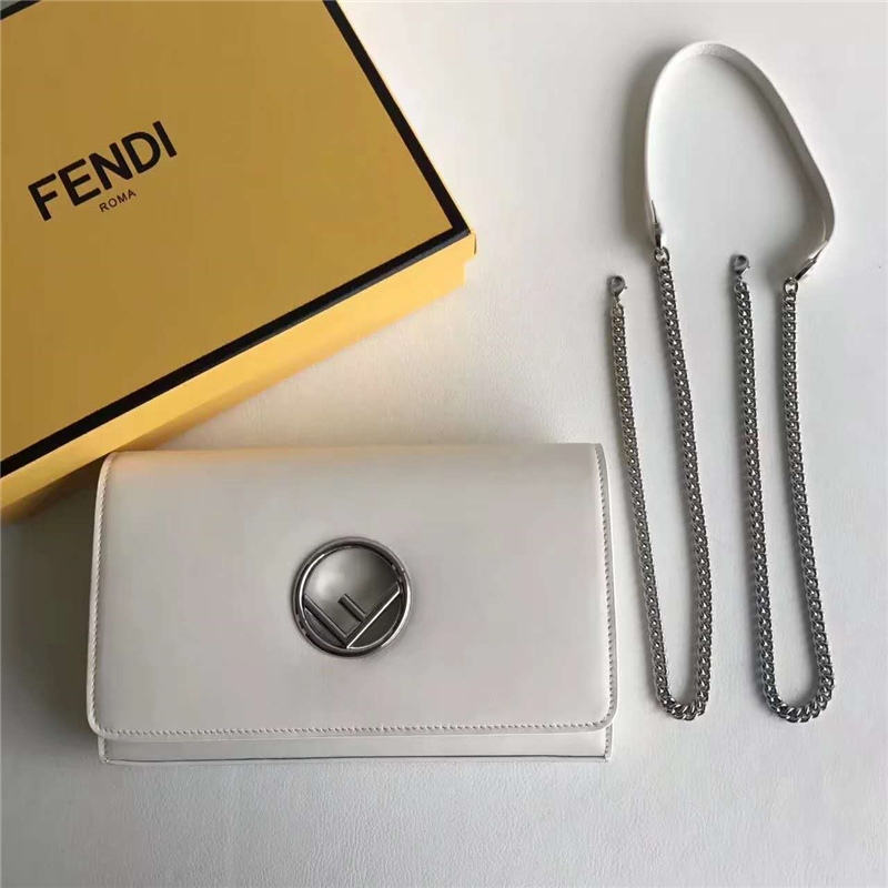 FENDI 芬迪 004 2017秋冬新款 真皮翻蓋迷你鏈條手袋手拿包 白色