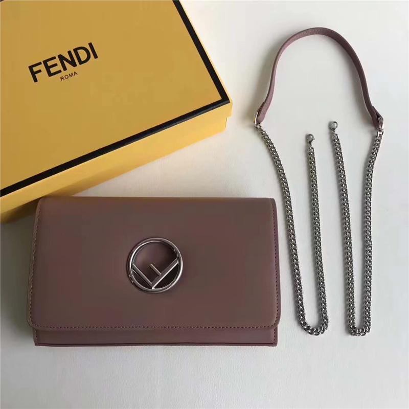 FENDI 芬迪 004 2017秋冬新款 真皮翻蓋迷你鏈條手袋手拿包 紅褐色