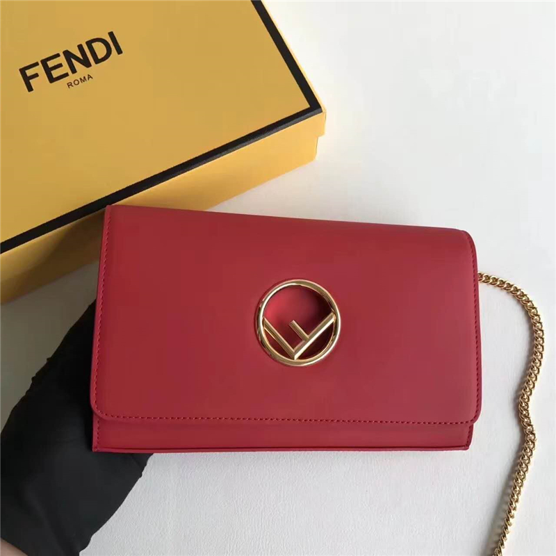 FENDI 芬迪 004 2017秋冬新款 真皮翻蓋迷你鏈條手袋手拿包 紅色