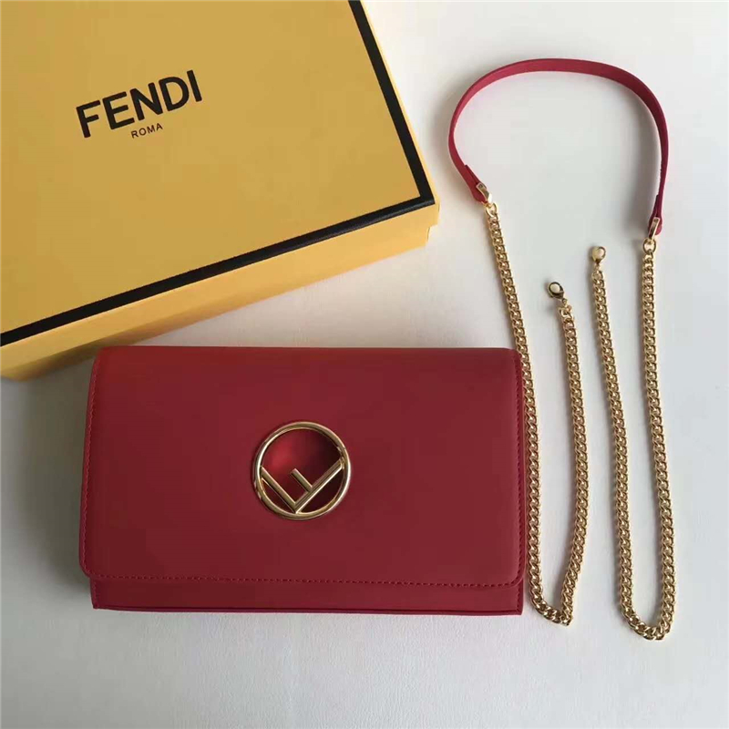 FENDI 芬迪 004 2017秋冬新款 真皮翻蓋迷你鏈條手袋手拿包 紅色