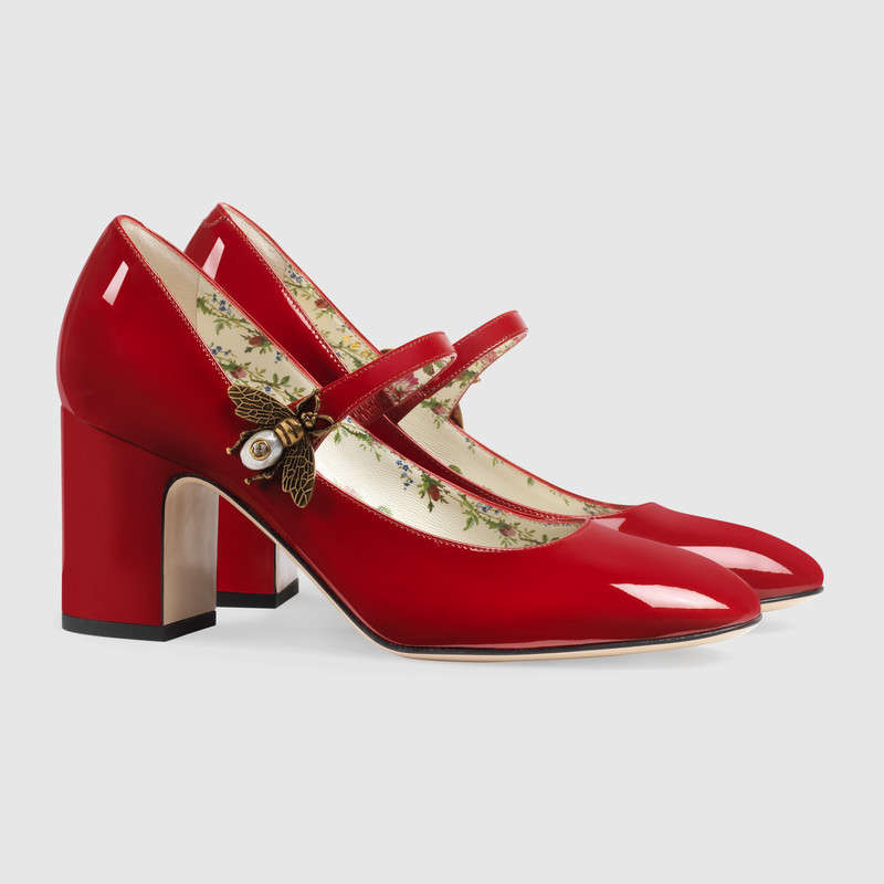 481177 GUCCI 蜜蜂裝飾 漆皮 中跟鞋 芙蓉紅