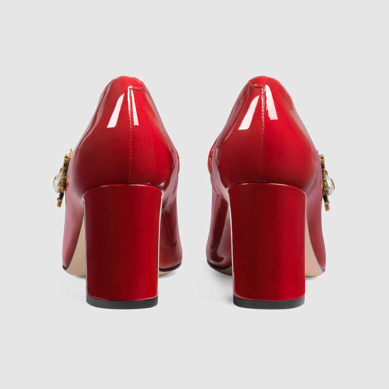 481177 GUCCI 蜜蜂裝飾 漆皮 中跟鞋 芙蓉紅