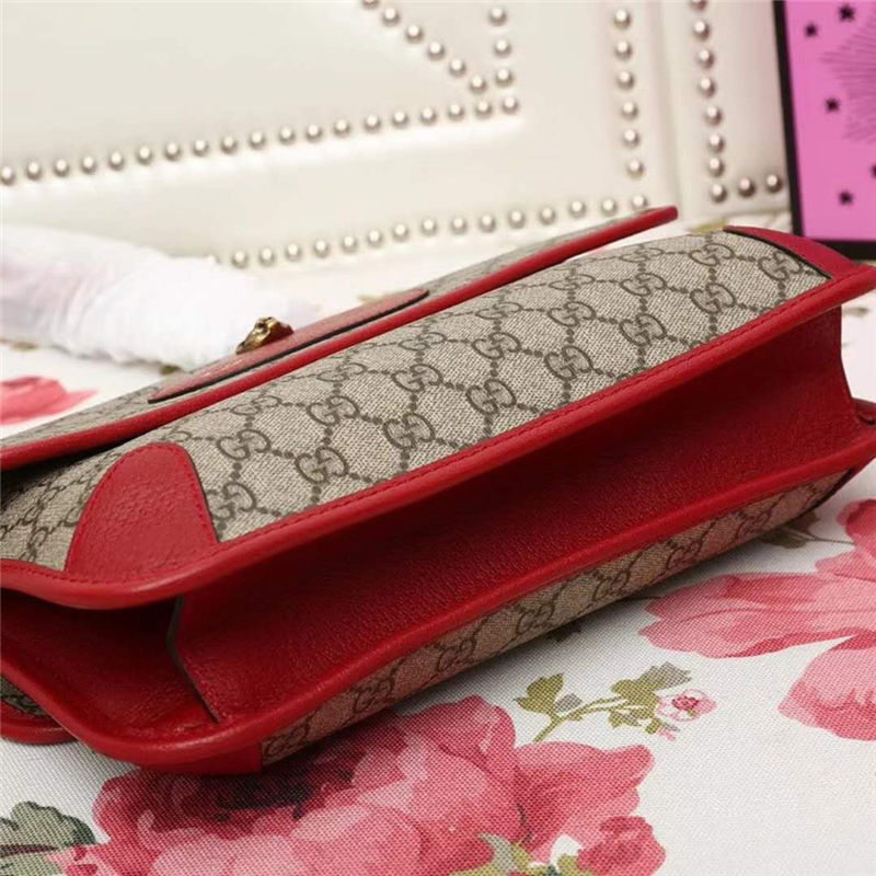 495654 GUCCI 高級人造帆布 虎頭裝飾 雙翻蓋復(fù)古肩包 紅色