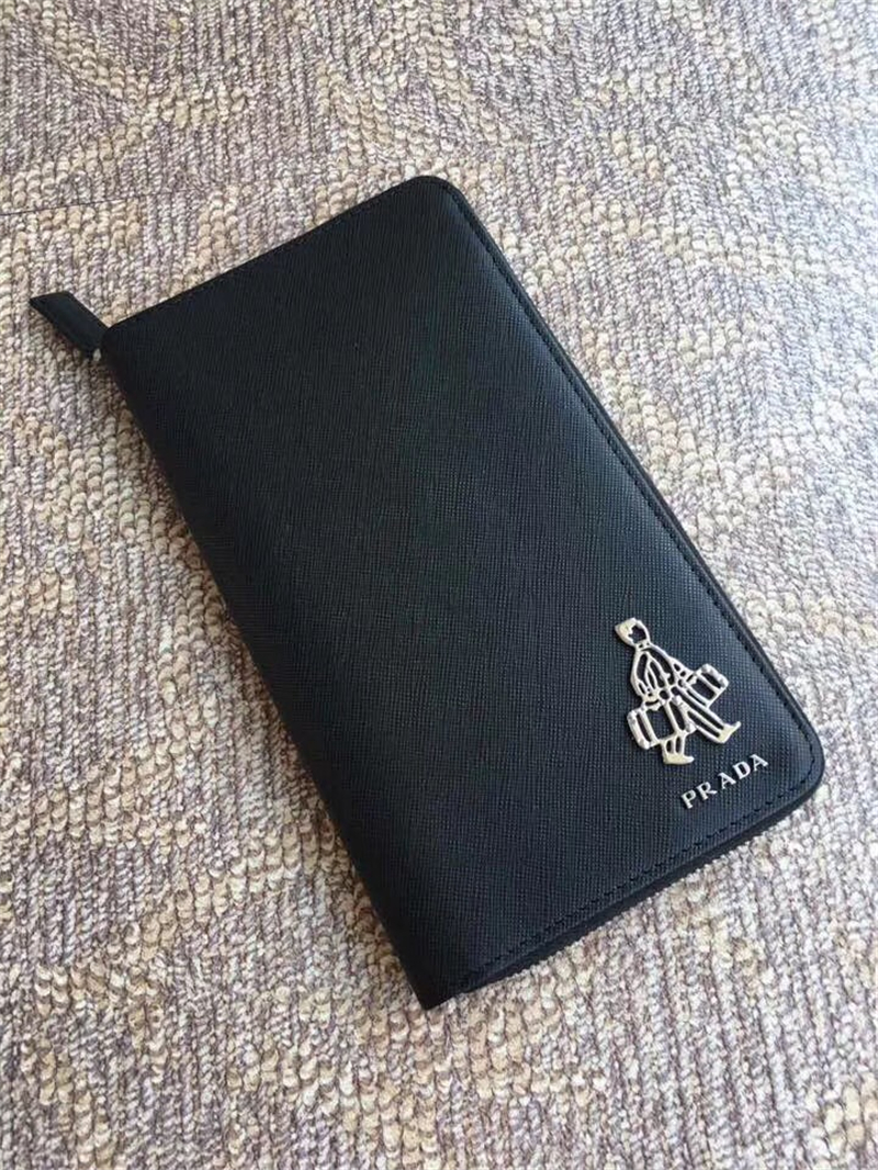1188 Prada普拉達(dá) 小人嘜錢夾 十字紋牛皮 拉鏈長(zhǎng)款錢包 黑色