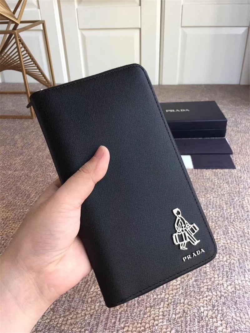 1188 Prada普拉達(dá) 小人嘜錢夾 十字紋牛皮 拉鏈長(zhǎng)款錢包 黑色