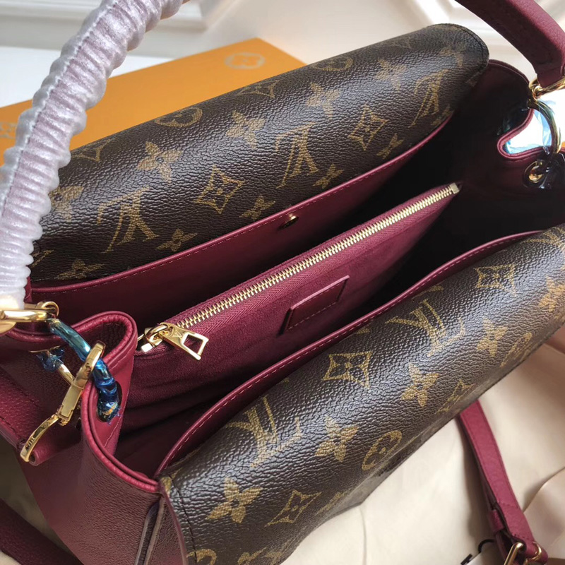 M51766 LV DOUBLE V 手袋 LV女包 翻蓋式拼色老花單肩手提包 玫紅色