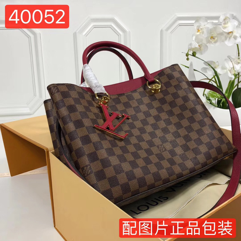 N40052 LV Riverside 手袋 Damier Ebene咖啡格帆布 LV女包 LV手提單肩包 紅色