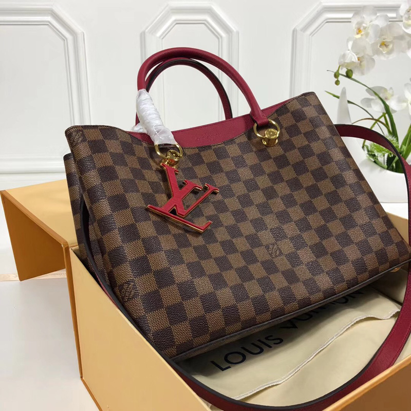 N40052 LV Riverside 手袋 Damier Ebene咖啡格帆布 LV女包 LV手提單肩包 紅色