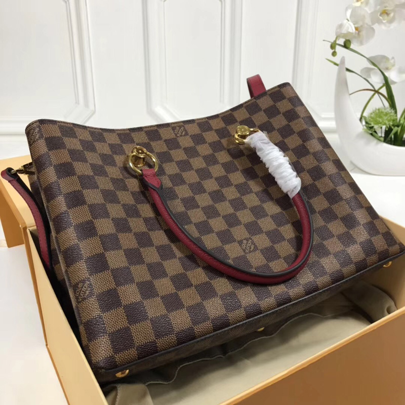 N40052 LV Riverside 手袋 Damier Ebene咖啡格帆布 LV女包 LV手提單肩包 紅色