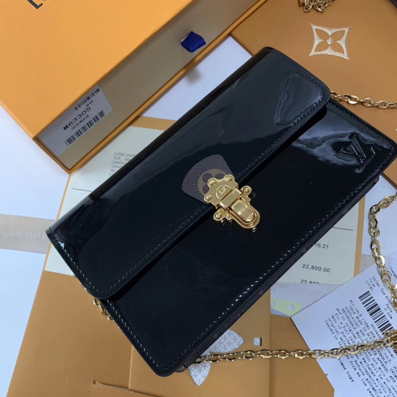 M63305 LV CHERRYWOOD 鏈條錢夾 LV漆皮女包 LV鏈條包 黑色