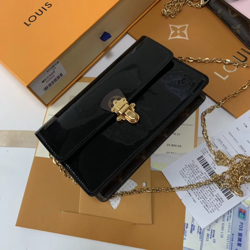 M63305 LV CHERRYWOOD 鏈條錢夾 LV漆皮女包 LV鏈條包 黑色