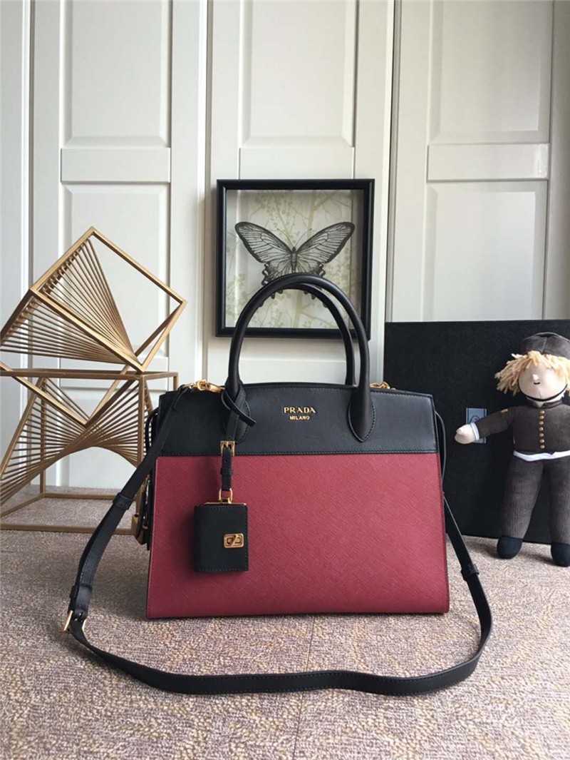lBA047 Prada普拉達 小牛皮 拼色拼皮 手提肩包 酒紅