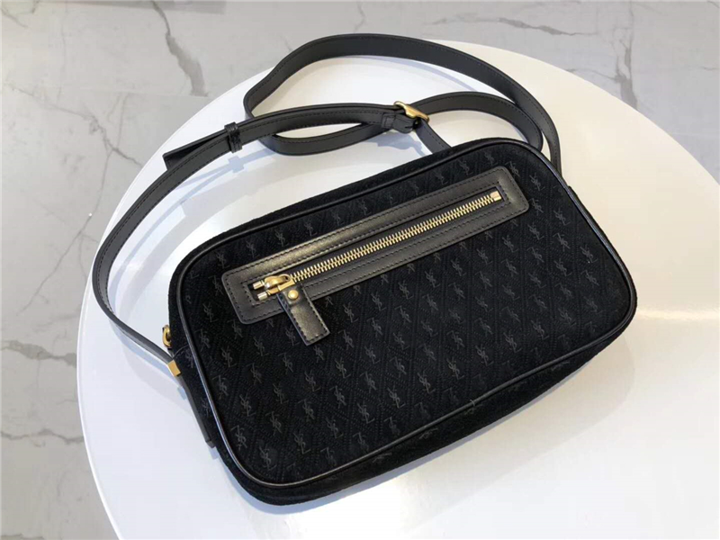 568608 YSL Monogram All Over 麂皮 圣羅蘭肩包 YSL相機包 黑色