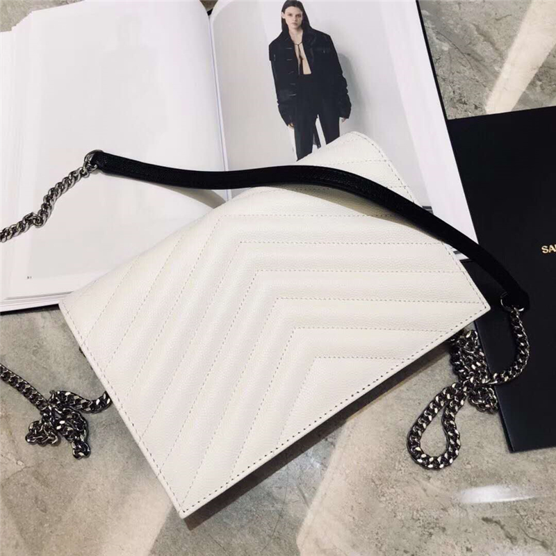 393953 YSL 進口魚子醬皮 圣羅蘭 真皮信封鏈式 YSL皮夾 黑白配