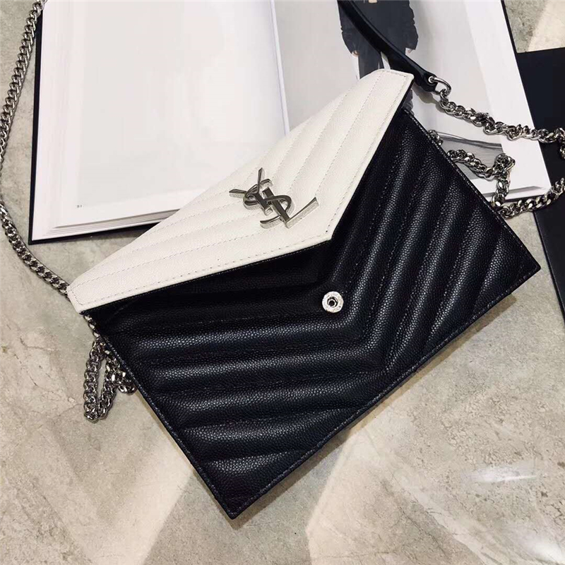 393953 YSL 進口魚子醬皮 圣羅蘭 真皮信封鏈式 YSL皮夾 黑白配