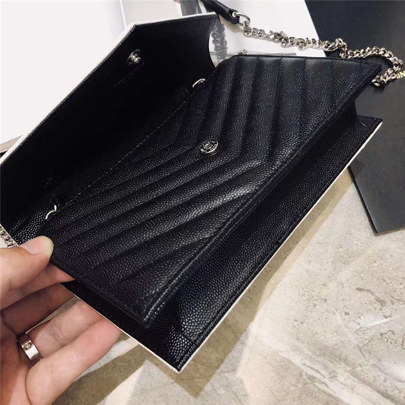 393953 YSL 進口魚子醬皮 圣羅蘭 真皮信封鏈式 YSL皮夾 黑白配