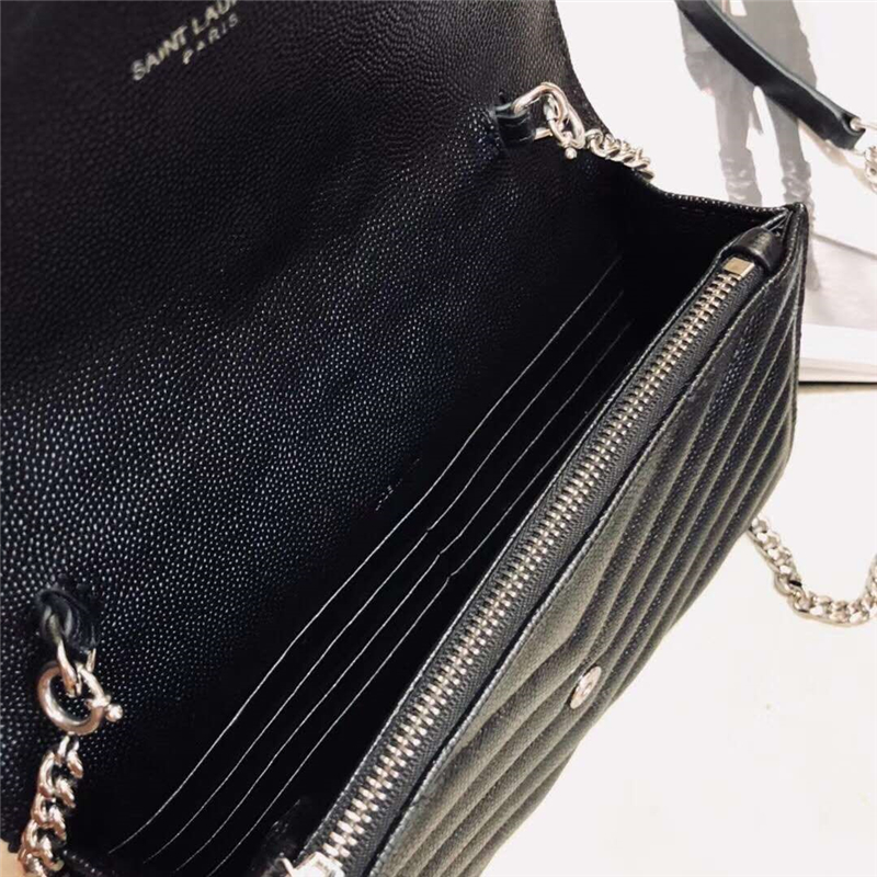 393953 YSL 進口魚子醬皮 圣羅蘭 真皮信封鏈式 YSL皮夾 黑白配