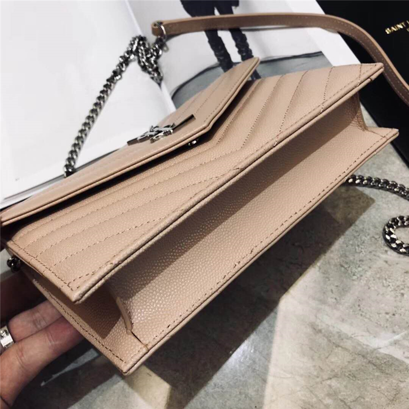 393953 YSL 進口魚子醬皮 圣羅蘭 真皮信封鏈式 YSL皮夾 卡其