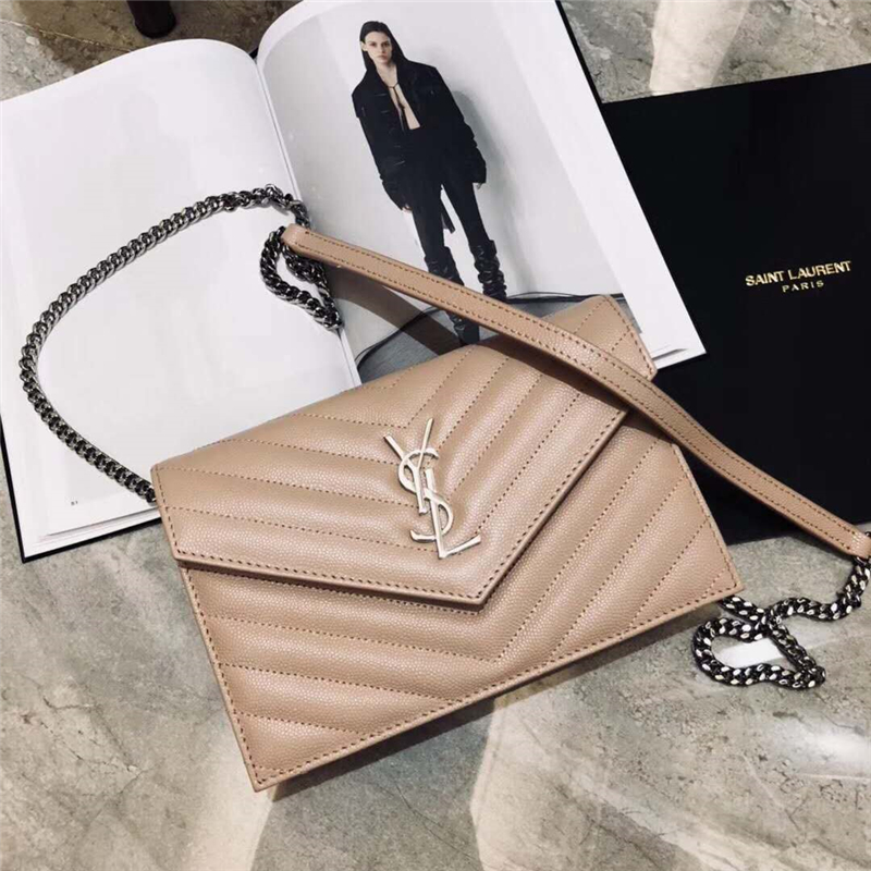 393953 YSL 進口魚子醬皮 圣羅蘭 真皮信封鏈式 YSL皮夾 卡其