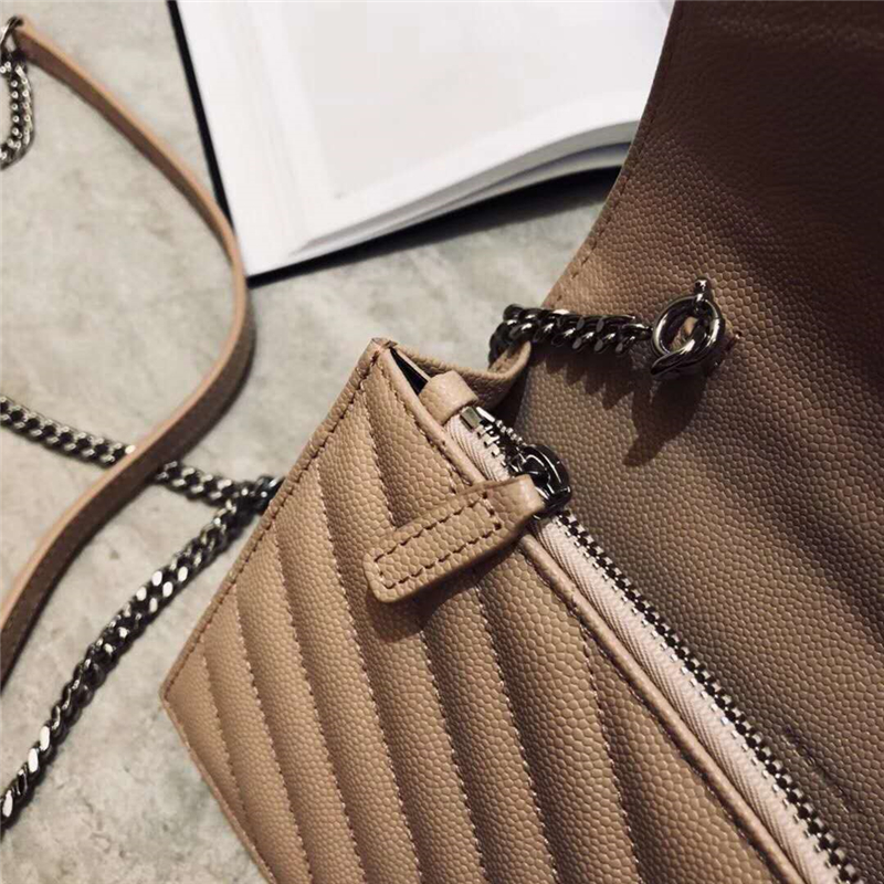 393953 YSL 進口魚子醬皮 圣羅蘭 真皮信封鏈式 YSL皮夾 卡其