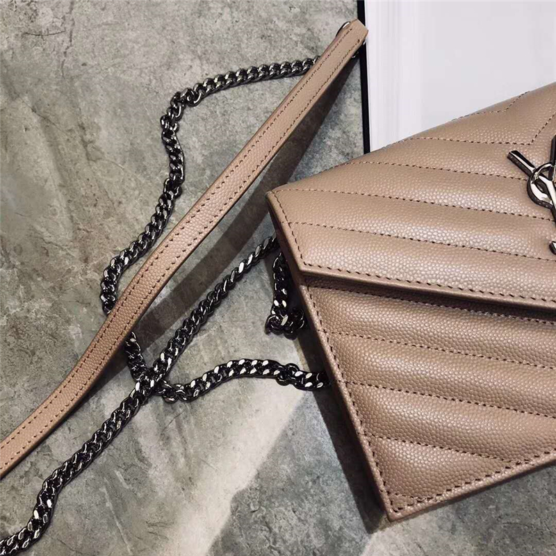 393953 YSL 進口魚子醬皮 圣羅蘭 真皮信封鏈式 YSL皮夾 卡其