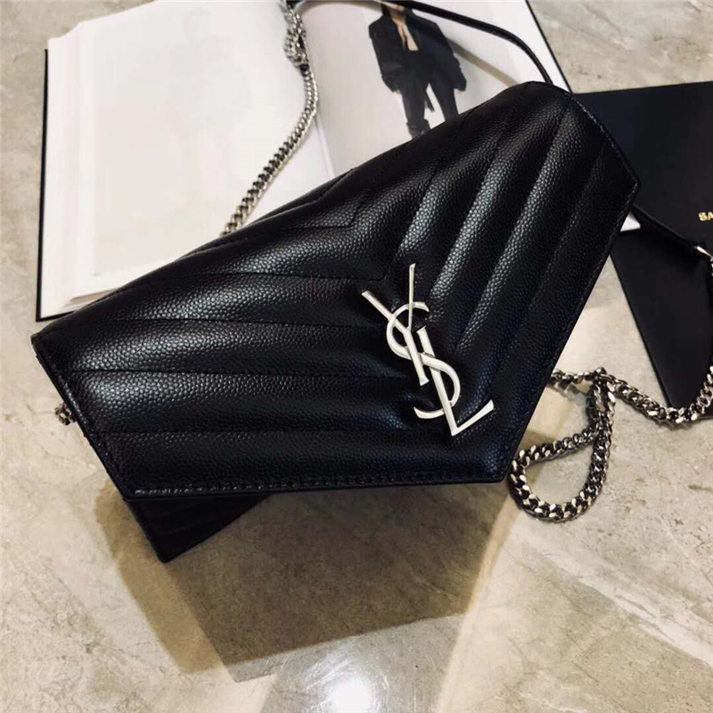 393953 YSL 進口魚子醬皮 圣羅蘭 真皮信封鏈式 YSL皮夾 黑色銀飾