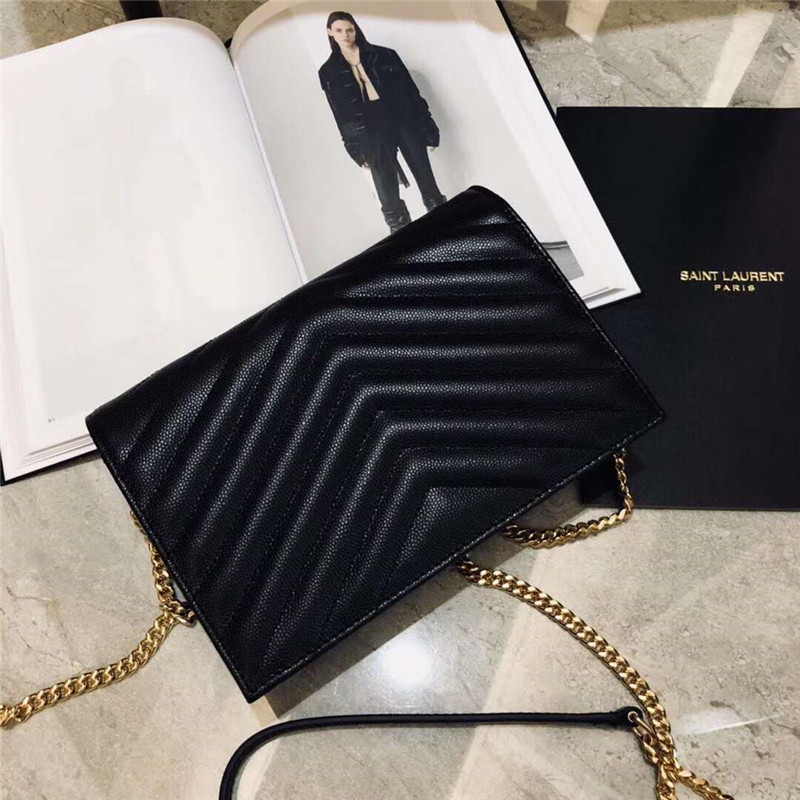 393953 YSL 進口魚子醬皮 圣羅蘭 真皮信封鏈式 YSL皮夾 黑色金飾
