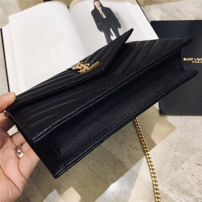 393953 YSL 進口魚子醬皮 圣羅蘭 真皮信封鏈式 YSL皮夾 黑色金飾