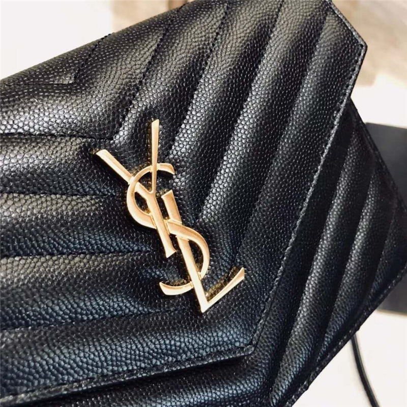 393953 YSL 進口魚子醬皮 圣羅蘭 真皮信封鏈式 YSL皮夾 黑色金飾