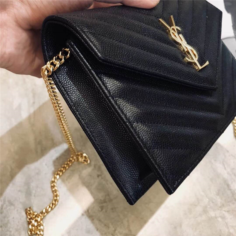 393953 YSL 進口魚子醬皮 圣羅蘭 真皮信封鏈式 YSL皮夾 黑色金飾