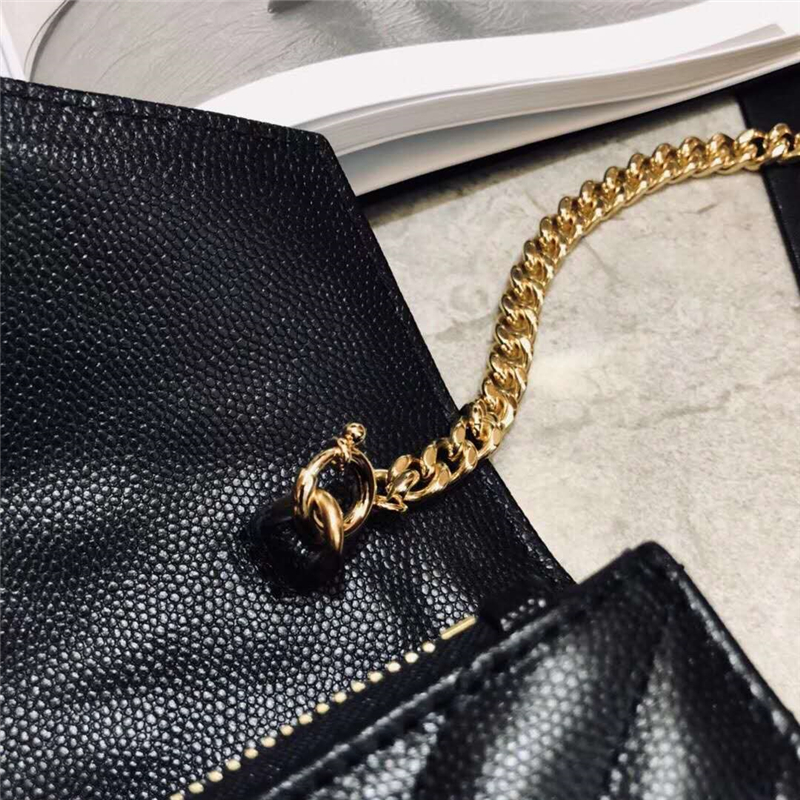 393953 YSL 進口魚子醬皮 圣羅蘭 真皮信封鏈式 YSL皮夾 黑色金飾