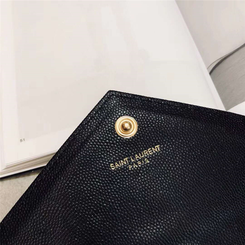 393953 YSL 進口魚子醬皮 圣羅蘭 真皮信封鏈式 YSL皮夾 黑色金飾