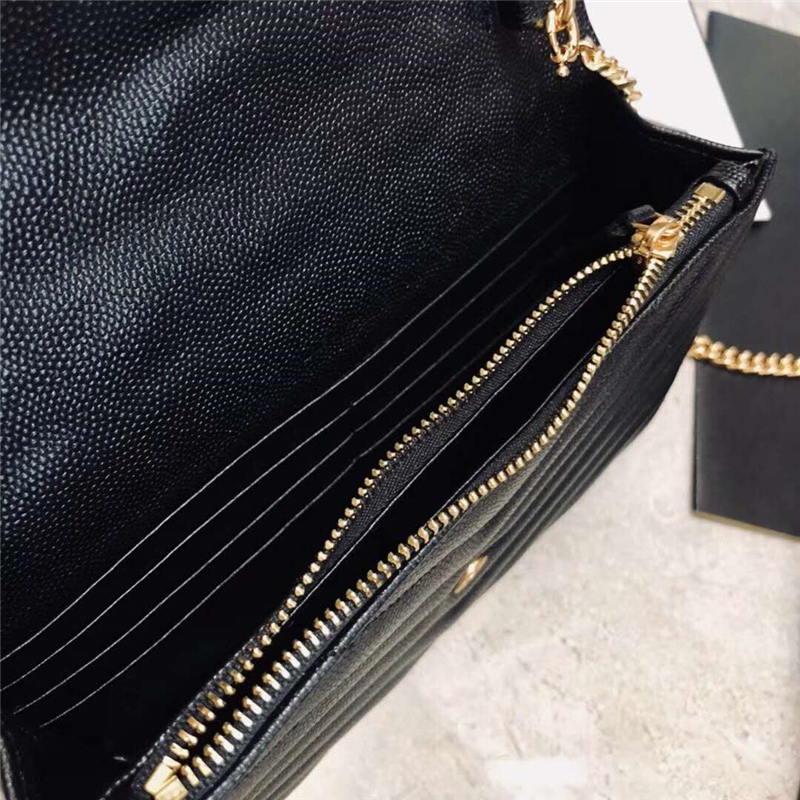 393953 YSL 進口魚子醬皮 圣羅蘭 真皮信封鏈式 YSL皮夾 黑色金飾