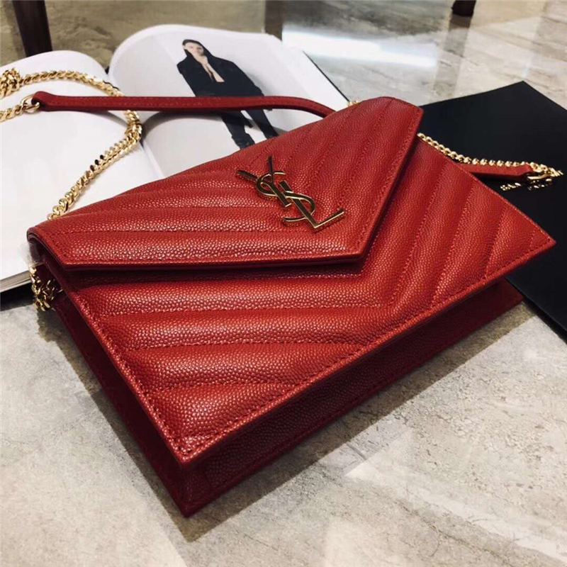 393953 YSL 進(jìn)口魚子醬皮 圣羅蘭 真皮信封鏈?zhǔn)?YSL皮夾 紅色