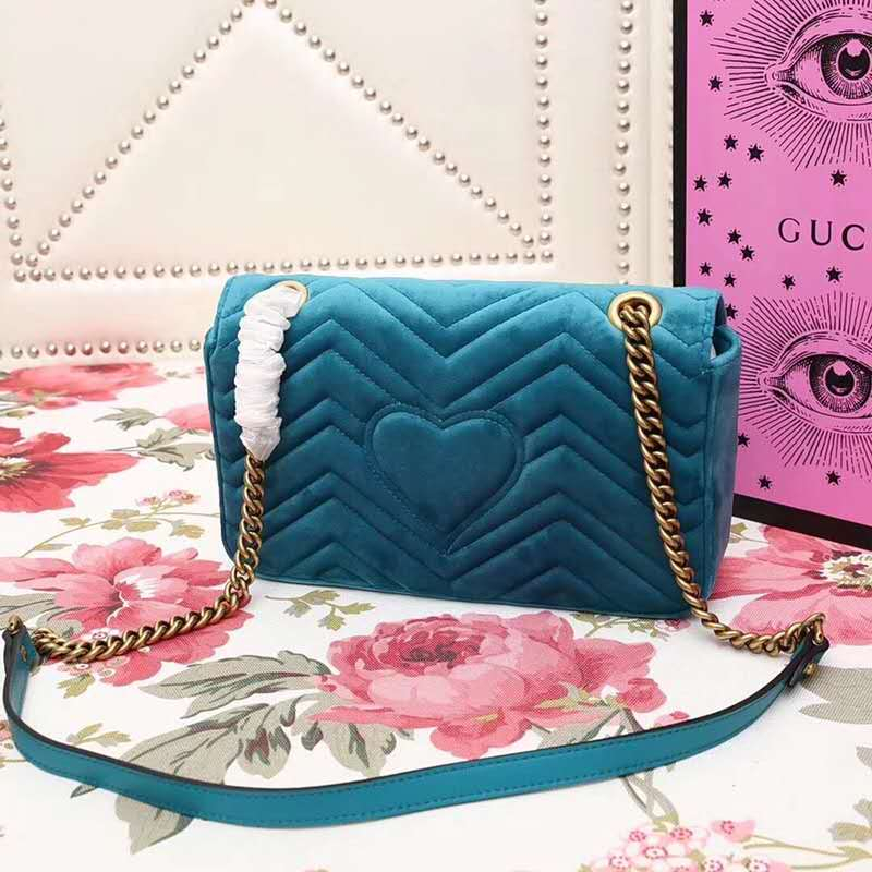 443947 Gucci女包 GG Marmont系列 天鵝絨 小號 古馳鏈條包 Gucci斜挎包 湖藍色