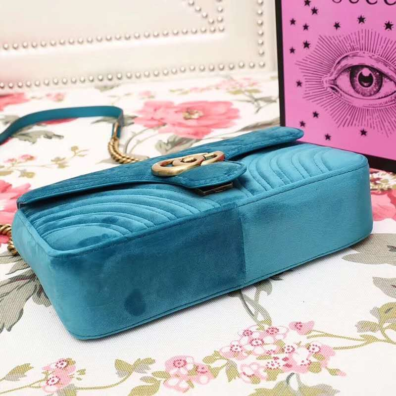 443947 Gucci女包 GG Marmont系列 天鵝絨 小號 古馳鏈條包 Gucci斜挎包 湖藍色