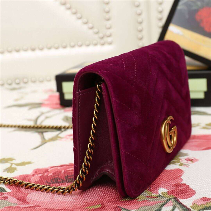 488426 Gucci女包 GG Marmont系列 天鵝絨 古馳鏈條包 Gucci斜挎包 酒紅色