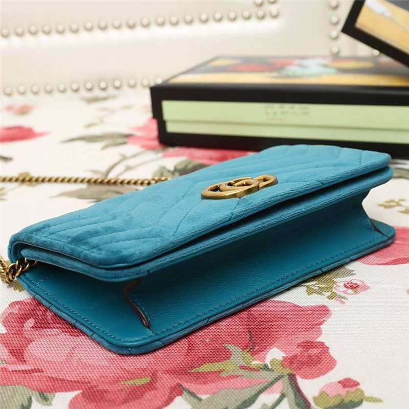 488426 Gucci女包 GG Marmont系列 天鵝絨 古馳鏈條包 Gucci斜挎包 湖藍色