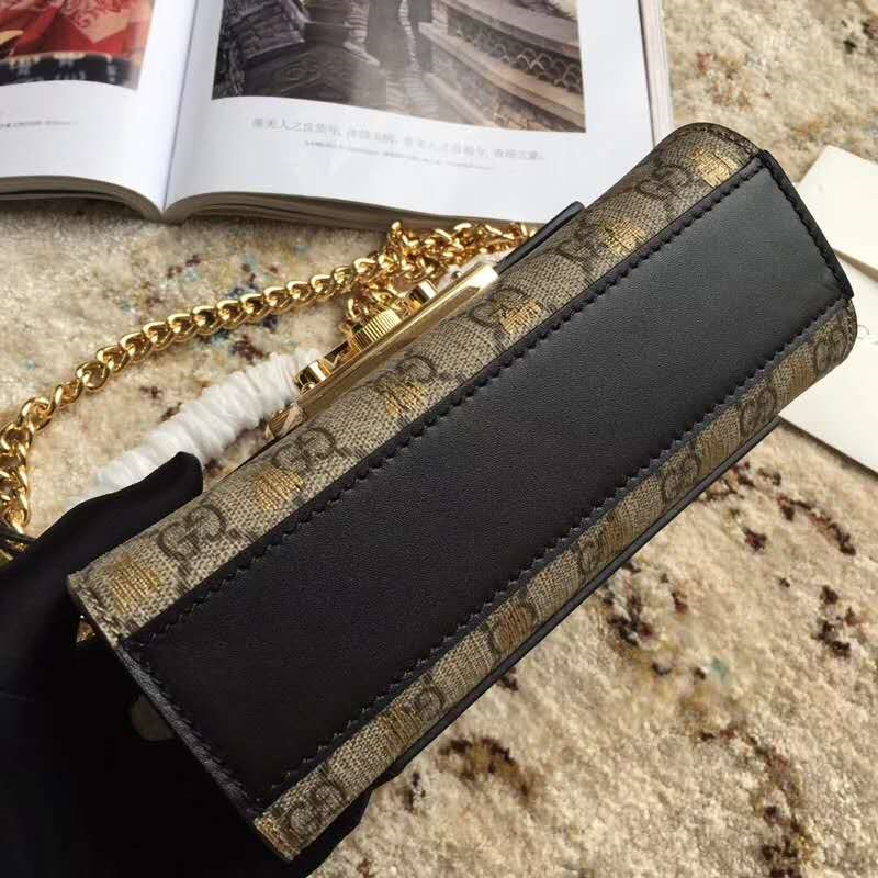 409487 Gucci肩背包 Padlock系列 粒面皮革 雙G蜜蜂印花 古馳鏈條肩背包 啡色