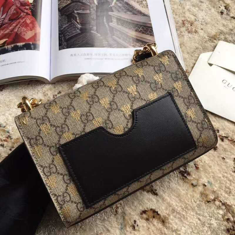 409487 Gucci肩背包 Padlock系列 粒面皮革 雙G蜜蜂印花 古馳鏈條肩背包 啡色