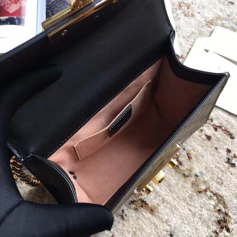 409487 Gucci肩背包 Padlock系列 粒面皮革 雙G蜜蜂印花 古馳鏈條肩背包 啡色