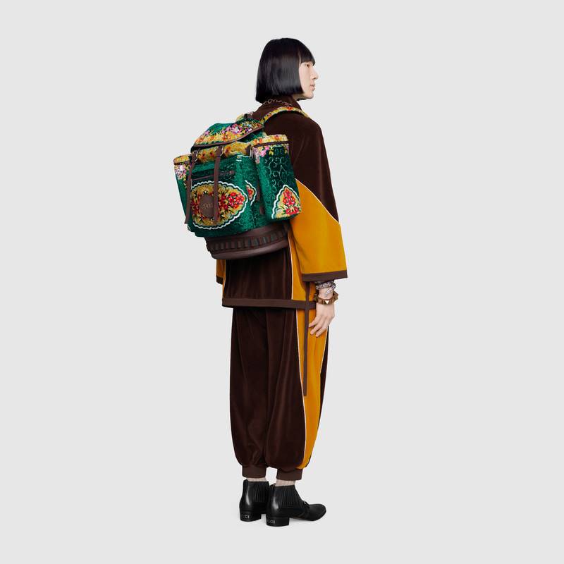 562911 Gucci男士背包 花卉圖案 天鵝絨 絲線提花 大號 古馳雙背包 綠色