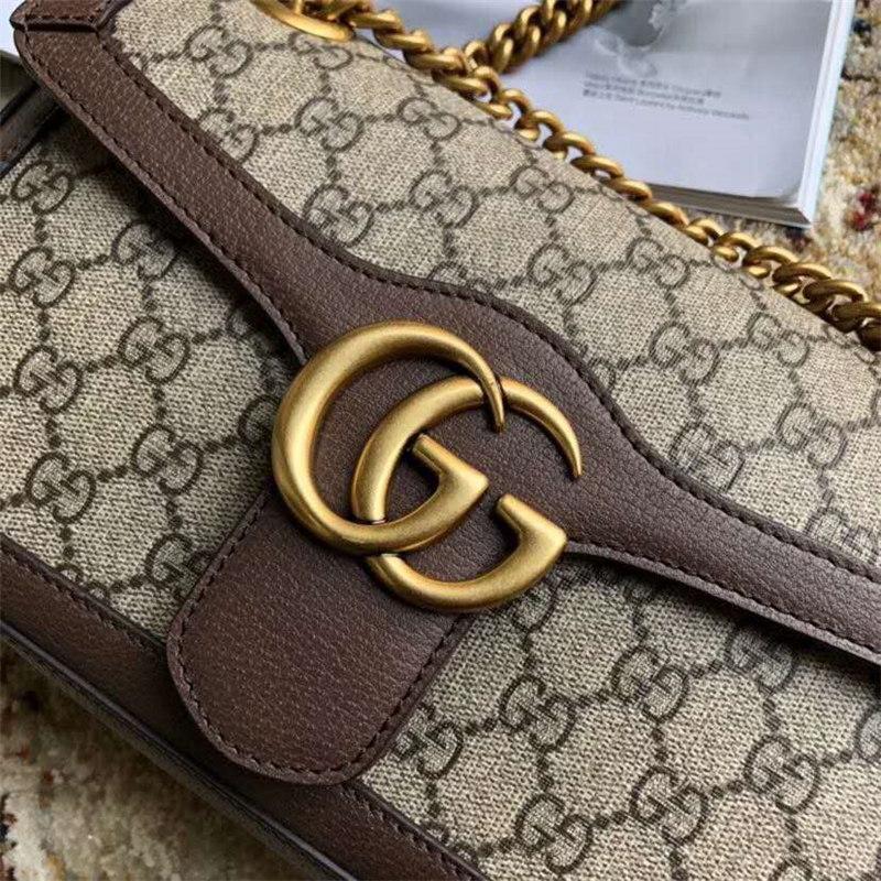 443497 Gucci女包 Marmont系列 古馳單肩包 金屬雙G PVC人造皮 棕色