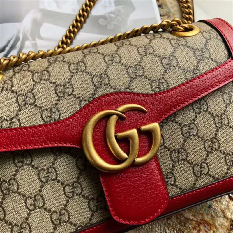 443497 Gucci女包 Marmont系列 古馳單肩包 金屬雙G PVC人造皮 紅色