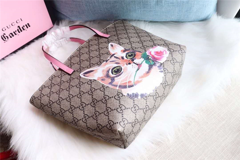 410812 Gucci手袋 卡通貓咪圖案 布紋牛皮 古馳mini購物袋 粉色
