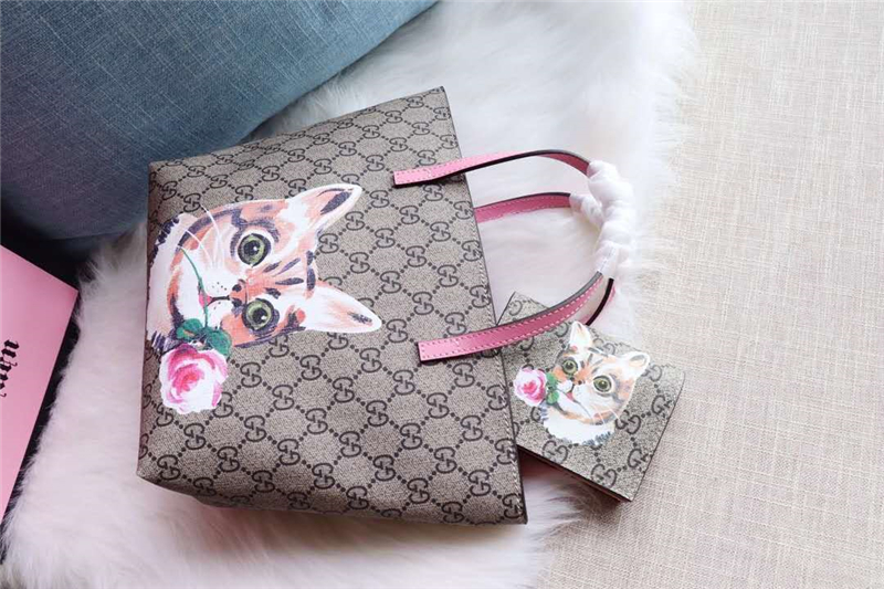 410812 Gucci手袋 卡通貓咪圖案 布紋牛皮 古馳mini購物袋 粉色