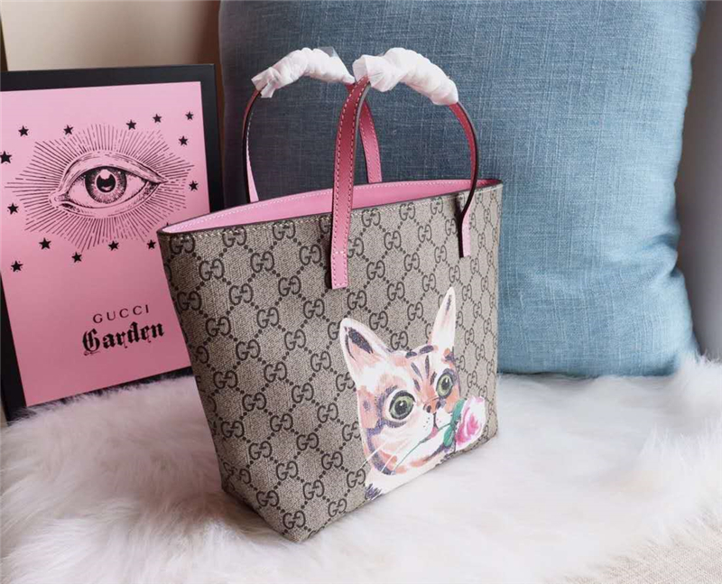 410812 Gucci手袋 卡通貓咪圖案 布紋牛皮 古馳mini購物袋 粉色